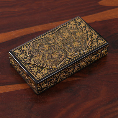 Hand-Painted Black Gold Papier Mache Wood Decorative Box