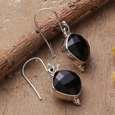 Indian-Made Dangle Earrings with 33-Carat Faceted Onyx Gems
