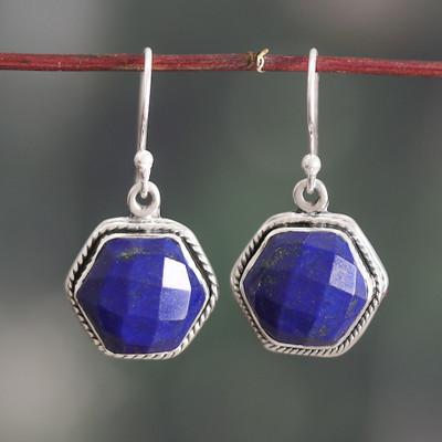 Hexagonal Silver Dangle Earrings with Lapis Lazuli Stones