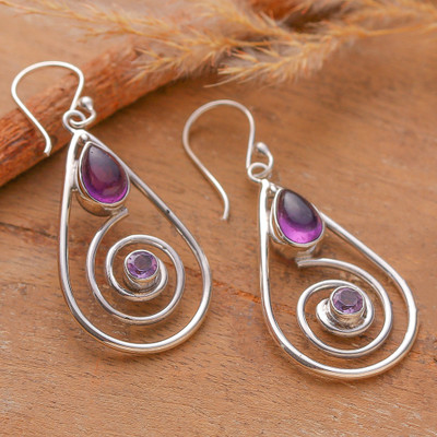 Silver Dangle Earrings with Cabochon and Faceted Amethysts