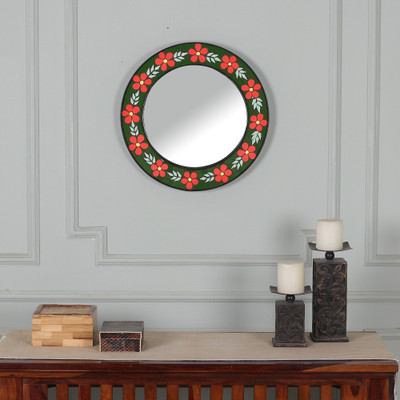 Flower-Themed Ceramic Mosaic Mirror in Green and Tangerine
