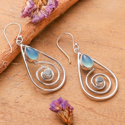 Polished Spiral Chalcedony and Blue Topaz Dangle Earrings