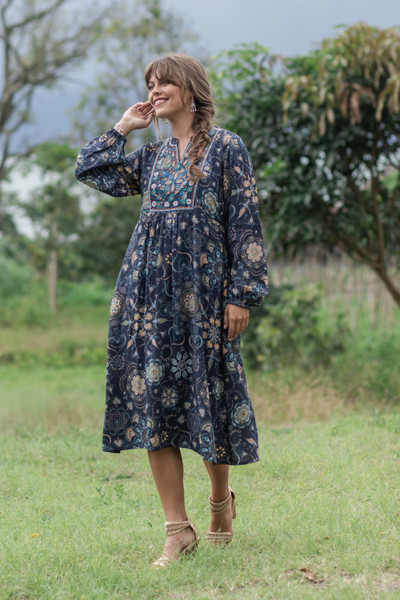 Floral-Patterned Embroidered Blue 100% Rayon A-Lined Dress