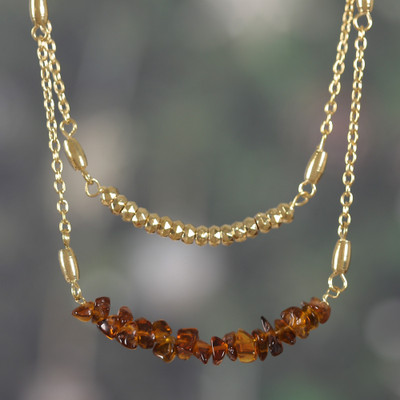 Brass Double Strand Pendant Necklace with Brown Quartz