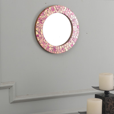 Modern Purple and Golden-Hued Glass Mosaic Wood Wall Mirror