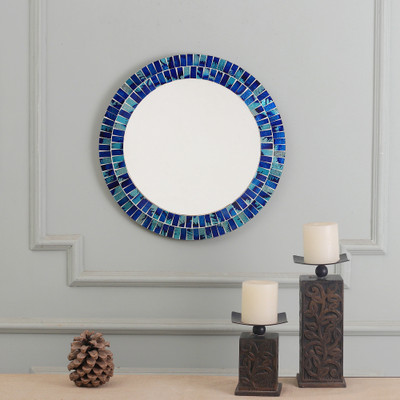 Modern Round Glass Mosaic Wood Wall Mirror in Blue and Aqua