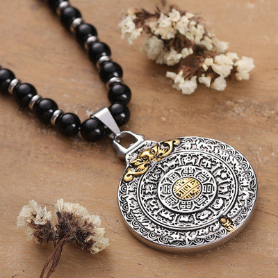 Mandala-Themed Reversible Onyx Beaded Steel Pendant Necklace