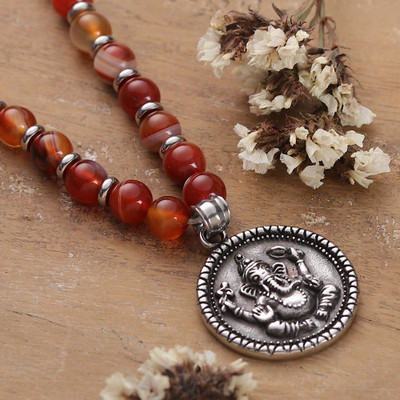 Carnelian Necklace with Reversible Ganesha Om Steel Pendant