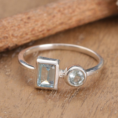 Round and Rectangular Blue Topaz Silver Cocktail Ring