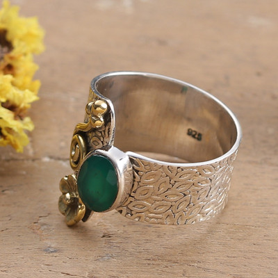 Green Onyx Silver Cocktail Ring with Brass Floral Accent