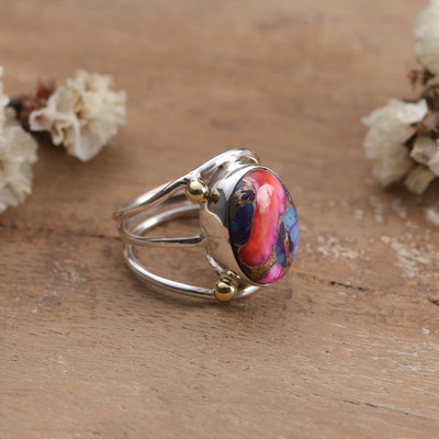 Modern Reconstituted Turquoise Silver Brass Cocktail Ring