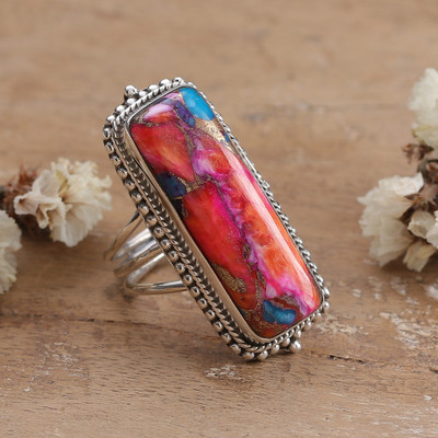 Silver Cocktail Ring with Colorful Reconstituted Turquoise