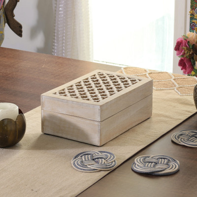 Hand-Carved Trellis-Patterned Medium-Sized Mango Wood Box