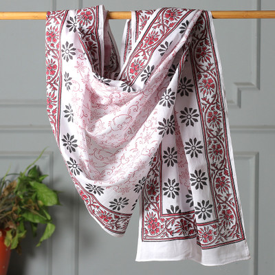 Cotton Sarong with Hand-Block Printed Floral and Vine Motifs