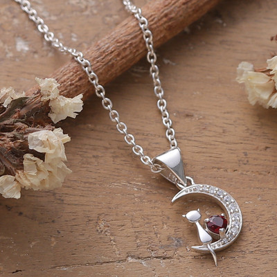 Garnet and Cubic Zirconia Cat-and-Moon Pendant Necklace