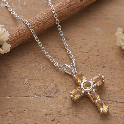 Cross-Themed Faceted Citrine and Sterling Silver Necklace