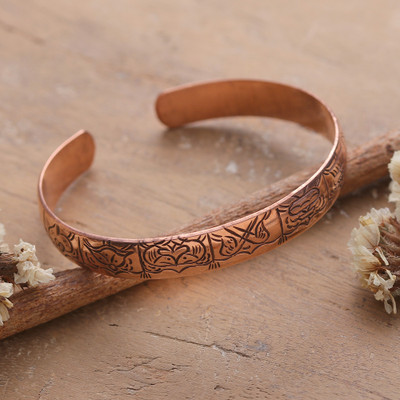 Lotus Flower Fish Geometric-Themed Copper Cuff Bracelet