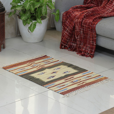 2x3 Earthy-Toned 100% Cotton Dhurrie Rug Handloomed in India