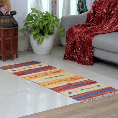 Artisan-Made 2x5 Striped 100% Cotton Fringed Dhurrie Rug