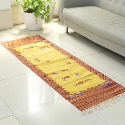 Folk Art-Inspired 2x6 100% Cotton Fringed Dhurrie Runner Rug