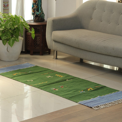 Artisan-Made Green and Blue 2x6 Cotton Dhurrie Runner Rug