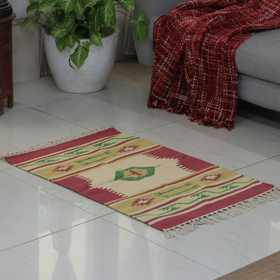 Hand-Loomed Geometric Fringed Cotton Dhurrie Area Rug (2x3)