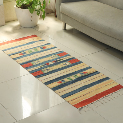 Handloomed Striped 2x5 100% Cotton Dhurrie Rug with Fringed