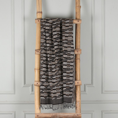 Artisan-Made Beige and Black Patterned Fringed Wool Shawl