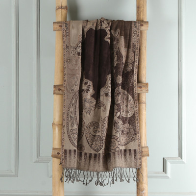 Folk Art-Inspired Paisley-Patterned 100% Wool Shawl in Brown