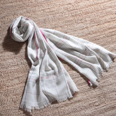 Square-Patterned Fringed Woven Wool Shawl from India