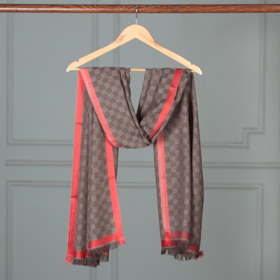 Checkerboard-Patterned Wool Shawl with Red Border and Fringe