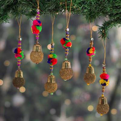 6 Brass Mesh Beaded Christmas Ornaments with Pom-Poms