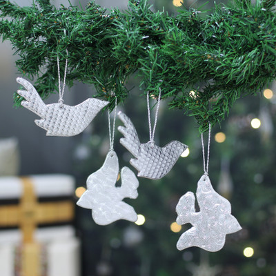 4 Bird Fish-Themed Embossed Faux Leather Christmas Ornaments