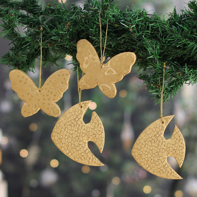4 Embossed Faux Leather Butterfly Fish Christmas Ornaments