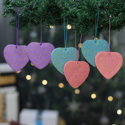 6 Heart Vine-Themed Handmade Paper Ornaments in Pastel Hues