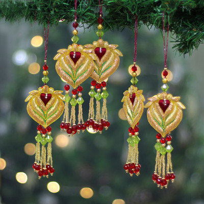 5 Beaded Lotus Christmas Ornaments with Zardozi Embroidery