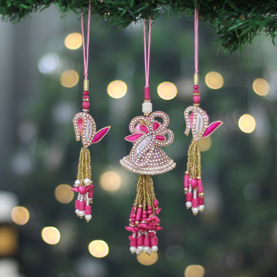3 Pink Floral Leaf-Themed Cotton Beaded Christmas Ornaments