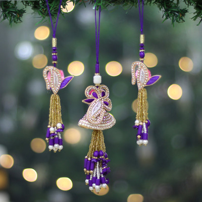 3 Cotton Beaded Christmas Ornaments with Floral Leaf Motif