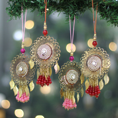 4 Iron Beaded Christmas Ornaments with Jali Openwork Accents
