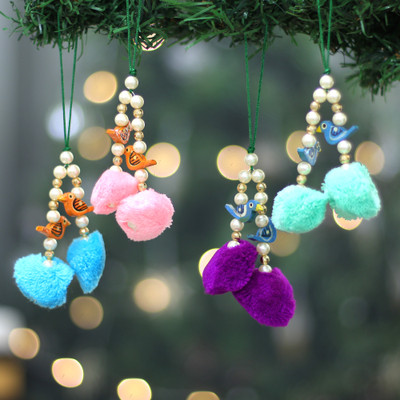 4 Bird-Themed Wood Beaded Ornaments with Acrylic Pom-Poms