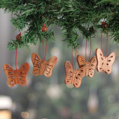 5 Butterfly-Themed Hand-Carved Wooden Christmas Ornaments