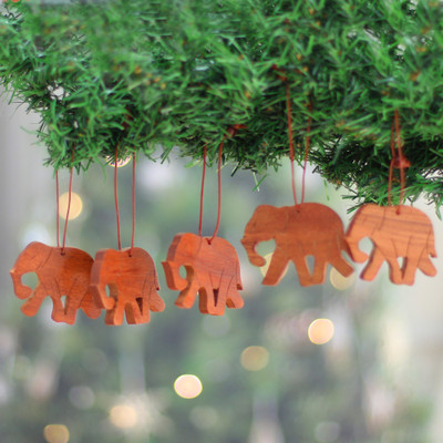 5 Hand-Carved Wood Christmas Ornaments with Elephant Motif