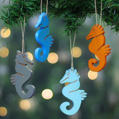 4 Seahorse-Themed Hand-Painted Wood Christmas Ornaments