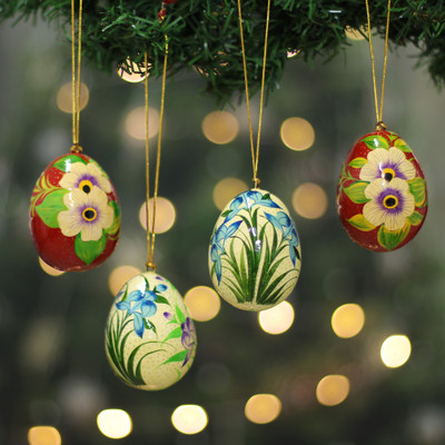 4 Papier Mache Ornaments with Hand-Painted Floral Motifs