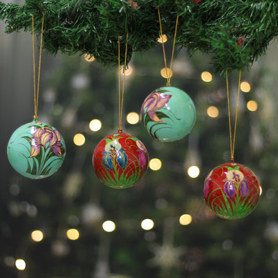 4 Floral-Themed Painted Papier Mache Christmas Ornaments