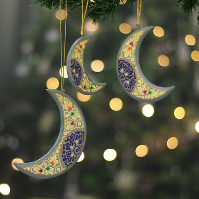3 Crescent Moon Kashmiri Folk Art-Themed Wood Ornaments