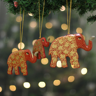 3 Kashmiri Folk Art Elephant-Themed Wood Christmas Ornaments