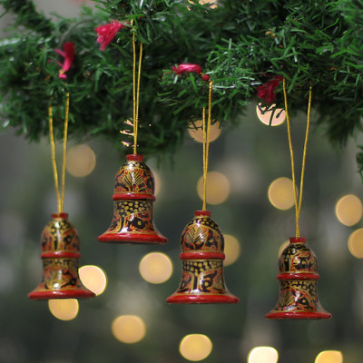 Artisan-Made 4-Piece Red and Golden Wood Bell Ornament Set