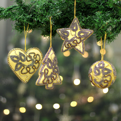 Golden-Toned 4-Piece Hand-Beaded Christmas Ornament Set