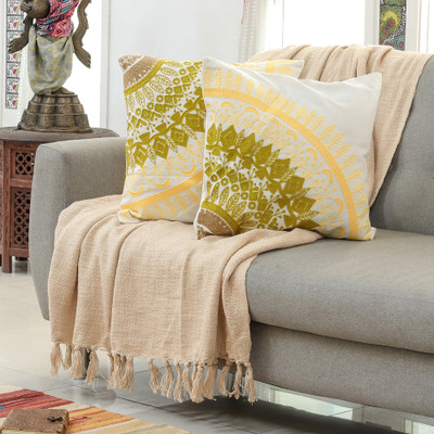 Green and Yellow Leafy Mandala Cotton Cushion Cover Pair